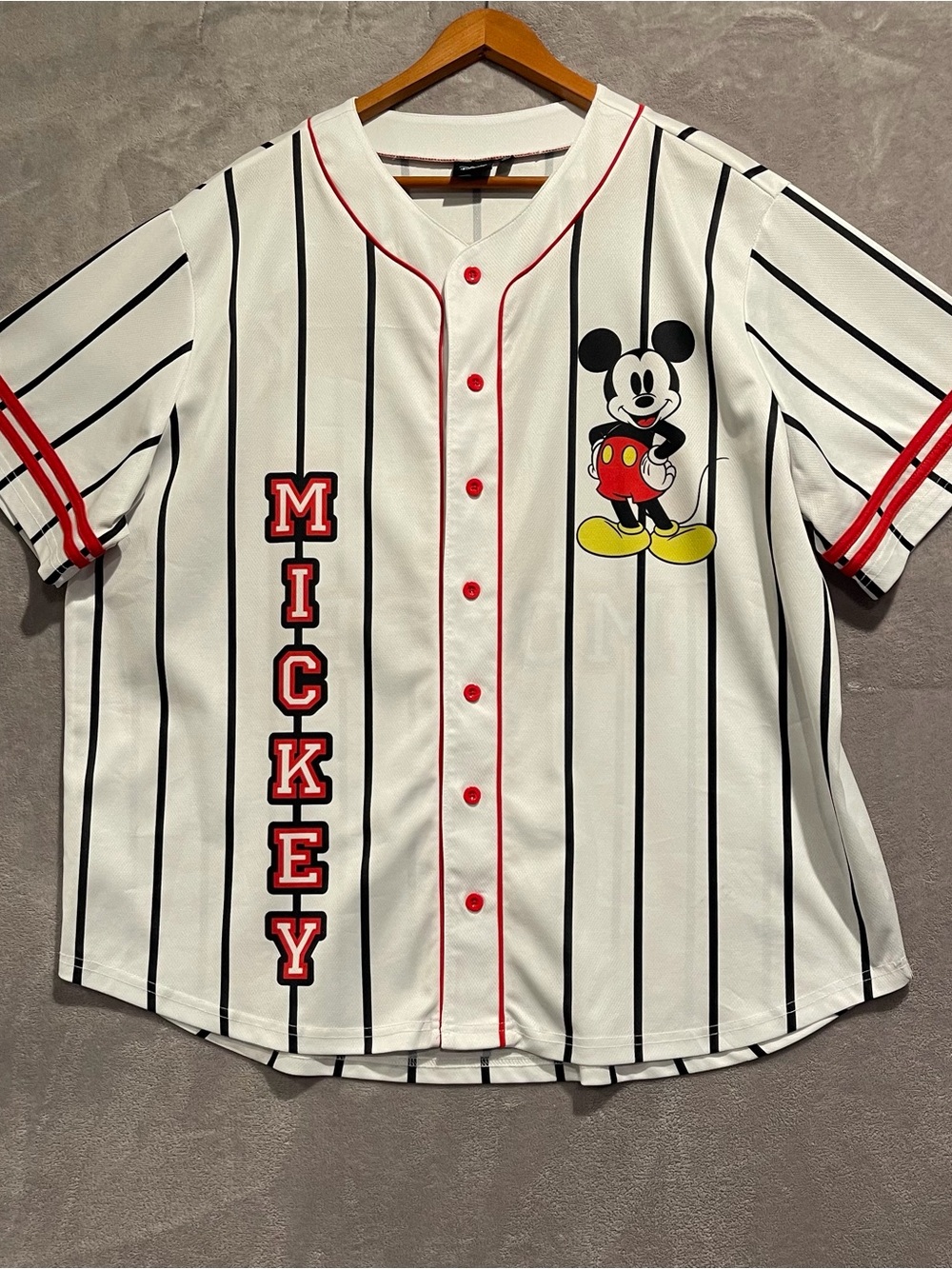 Disney Size 2X White Pinstripe Mickey Mouse Baseball Jersey #28 with Red Trim
